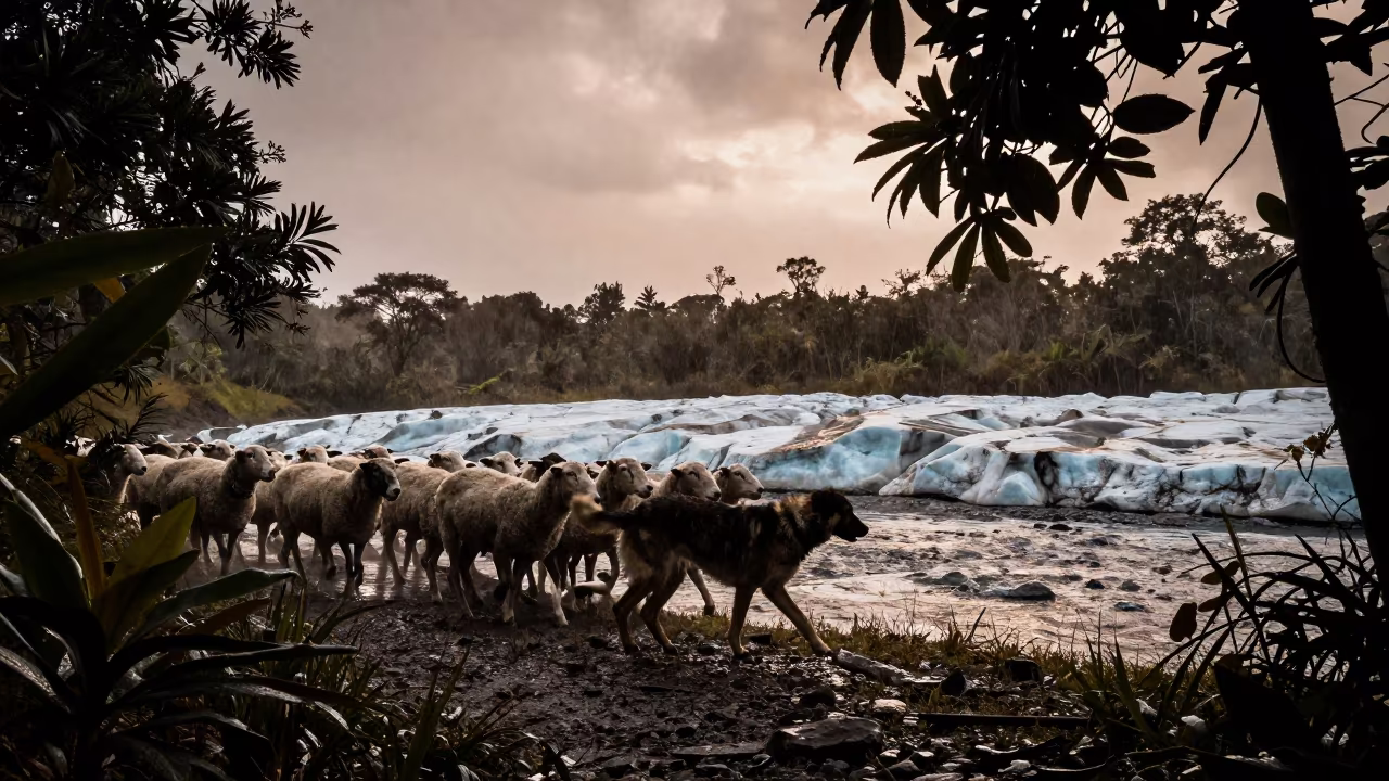 Sheep Dog Silhouette Before Dusk Rain in above a glacial stream in Liberia