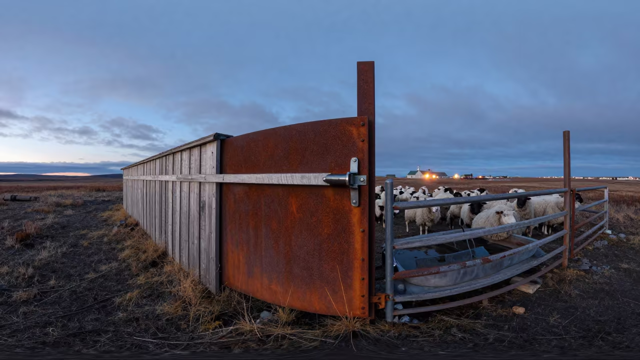 Sheep Draft Gate Latch Board Arctic Summer in near a windbreak and water trough in Northwest Territories