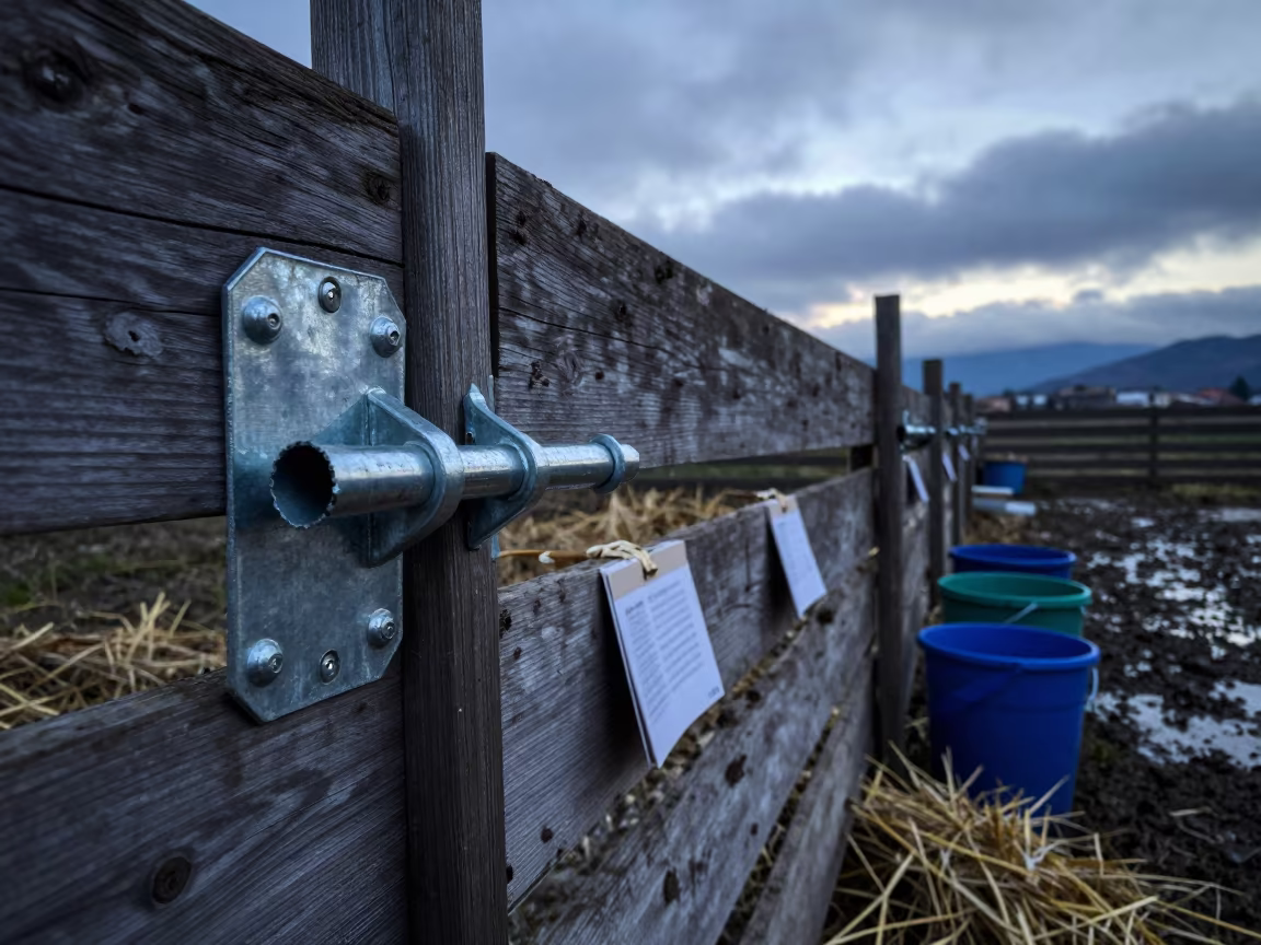 Sheep Draft Panel Hinge Cup Ligurian Winter in along a muddy paddock fence in Liguria