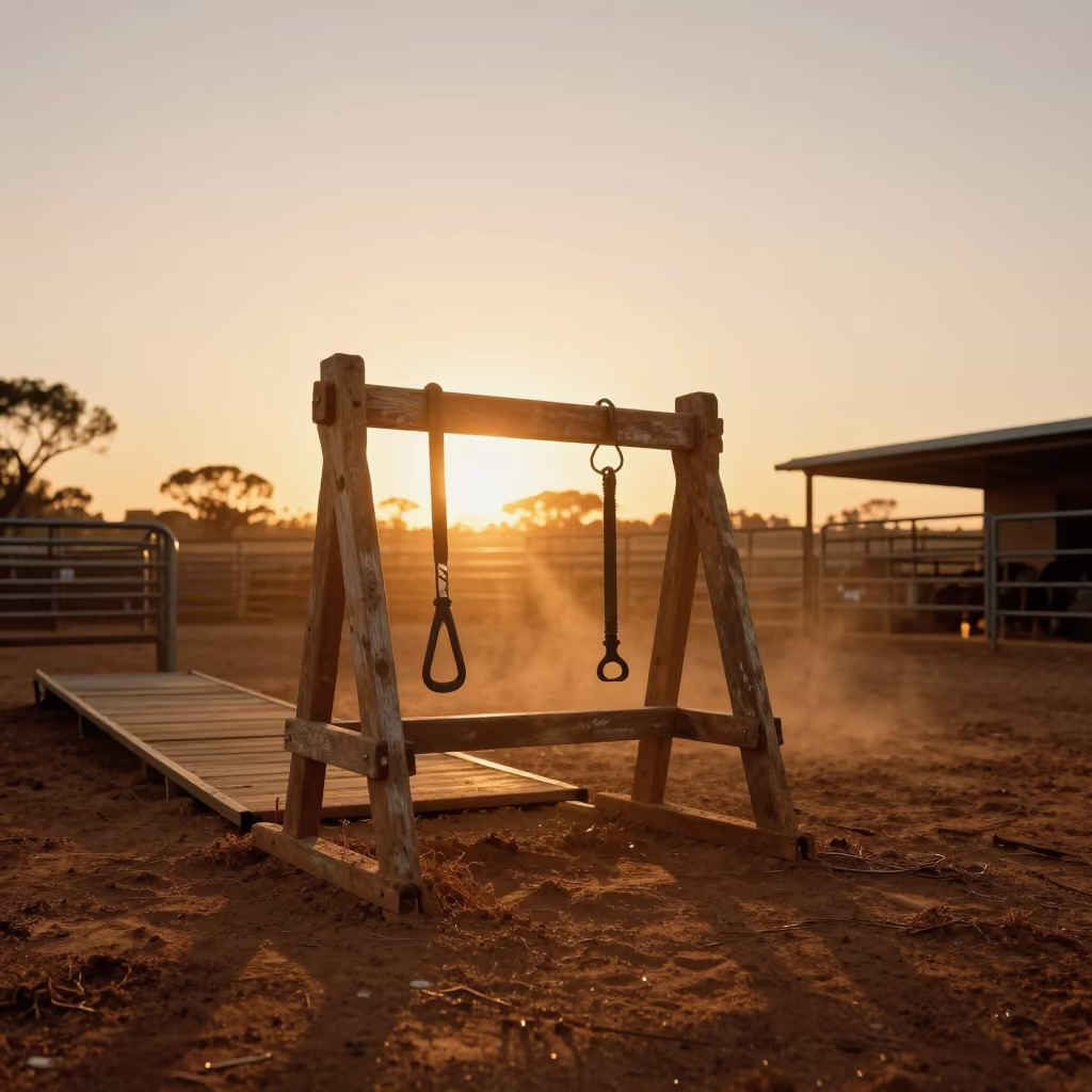 Sheep Harness Rack in Amber South Australian Sunset in at a stockyard loading ramp in South Australia