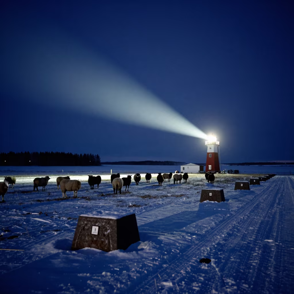 Sheep in Lighthouse Sweep Light Winter Night in along a feedlot lane in Canada