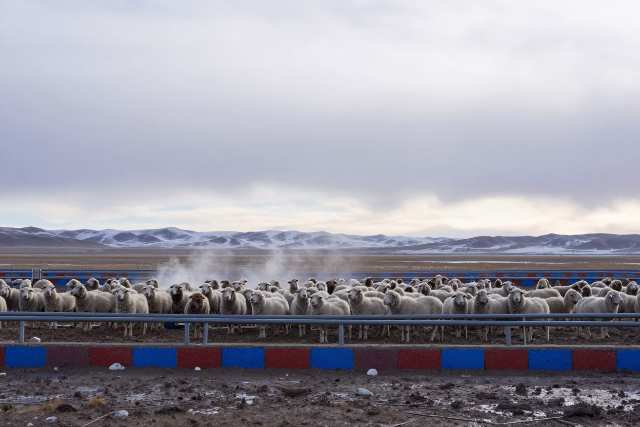 Sheep Pasture Tibet Winter Mineral Blocks in along a muddy paddock fence in Tibet