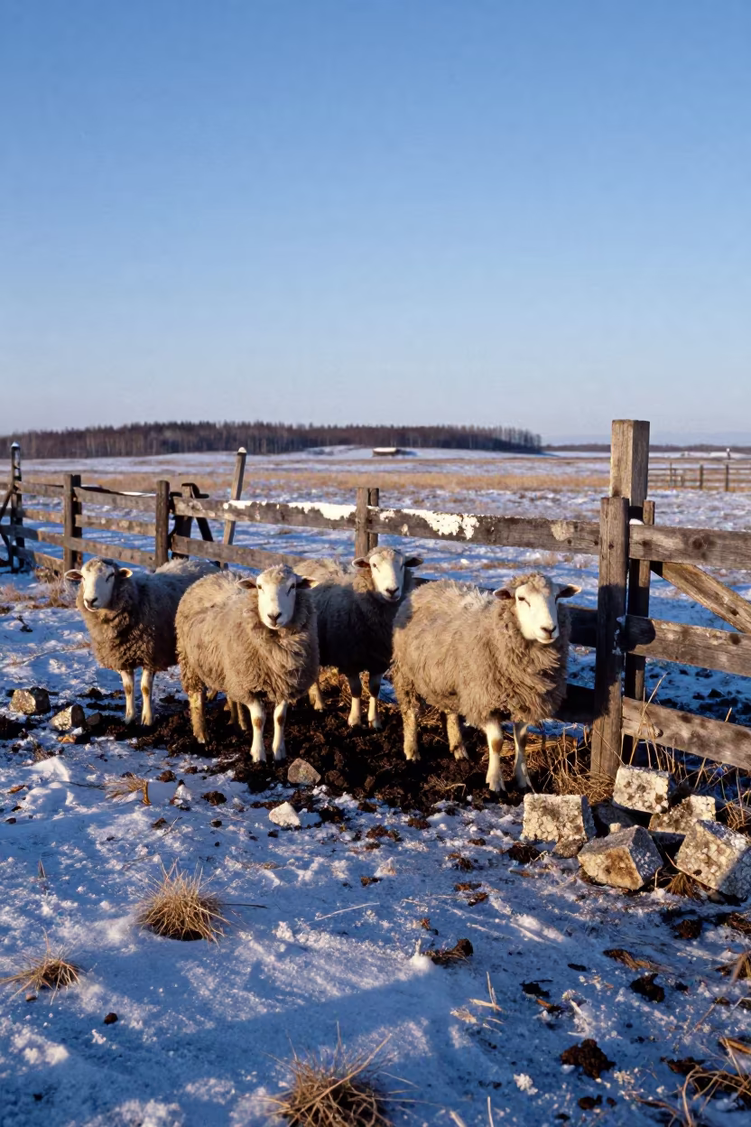 Sheep in Siberian Pasture Midnight Silvery Light in along a muddy paddock fence in Siberia