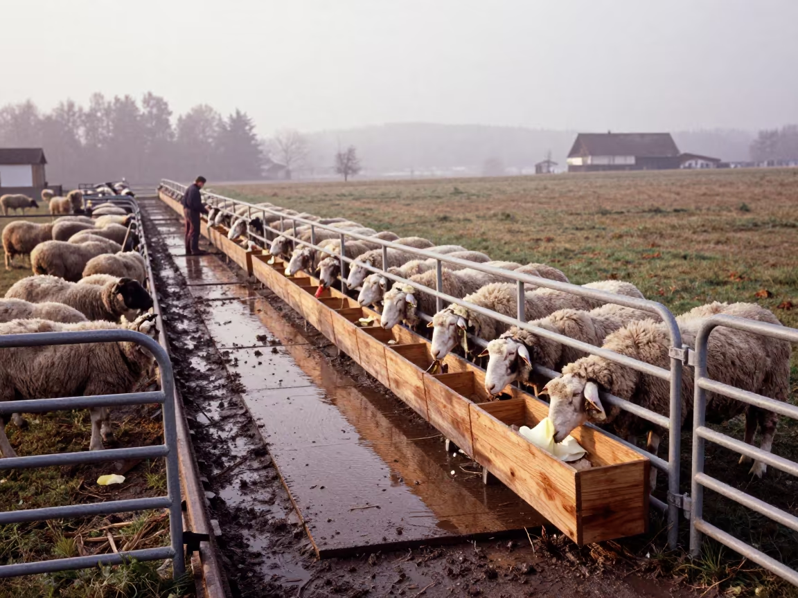 Sheep Sorting Alley Bavaria Late Afternoon Fog in beside a pasture gate in Bavaria