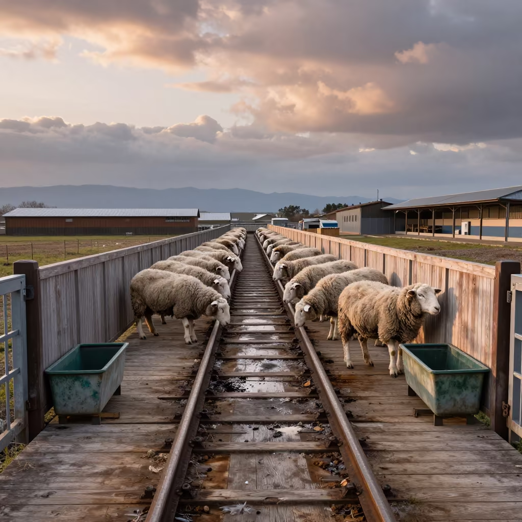 Sheep Sorting Alley with Drafting Rails in near a windbreak and water trough in Japan
