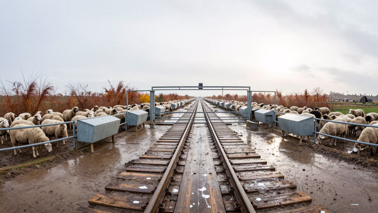 Sheep Sorting Alley Rain Wet Timber Azerbaijan in near a windbreak and water trough in Azerbaijan