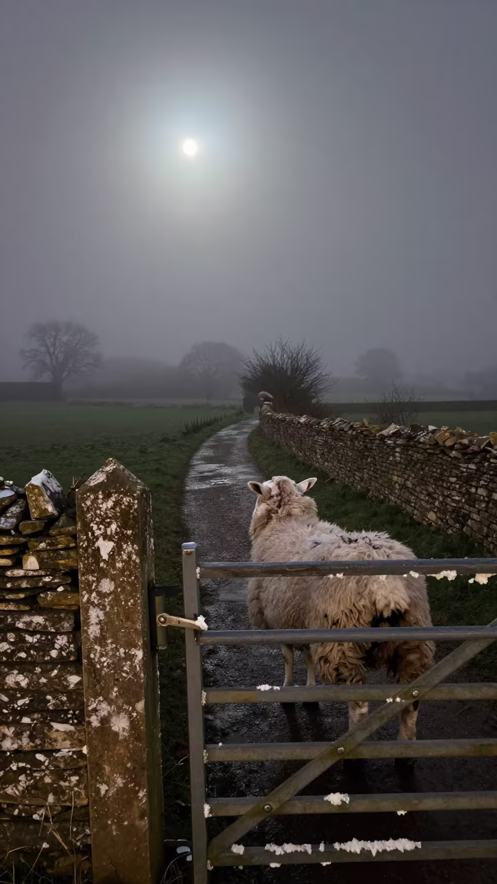 Sheep Sorting Alley in Winter Mist in beside a pasture gate in the Cotswolds
