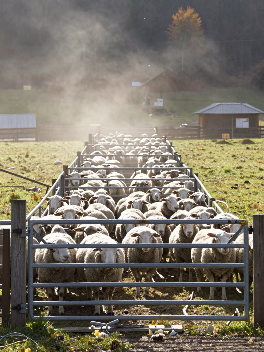 Sheep Sorting Alley with Wool Marks in beside a pasture gate in the Black Forest