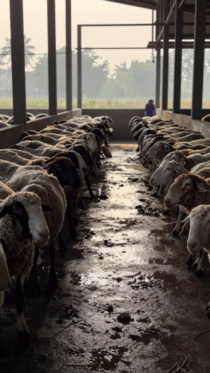 Sheep Pressing Through Wet Shed After Rain in in a poultry house aisle in Madhya Pradesh