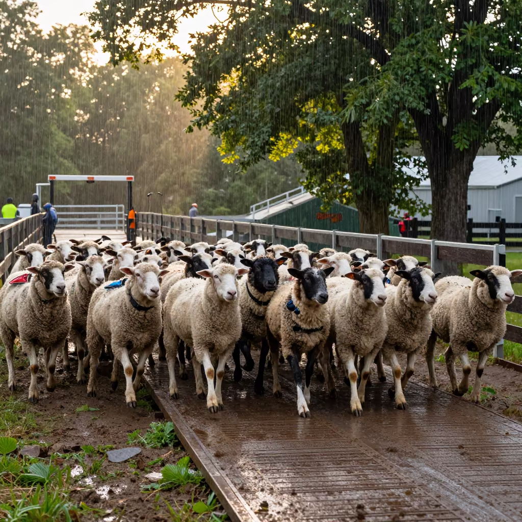 Sheepdog Trial Flock Turning at Stockyard Ramp in at a stockyard loading ramp in Wisconsin