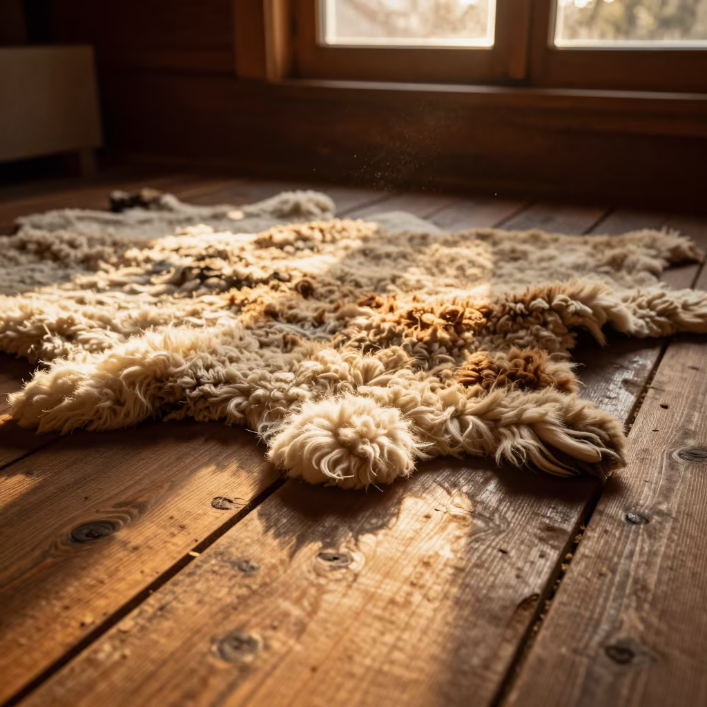 Sheepskin Rugs on Cabin Floor Evening Light in on a bedside table in Alcobendas