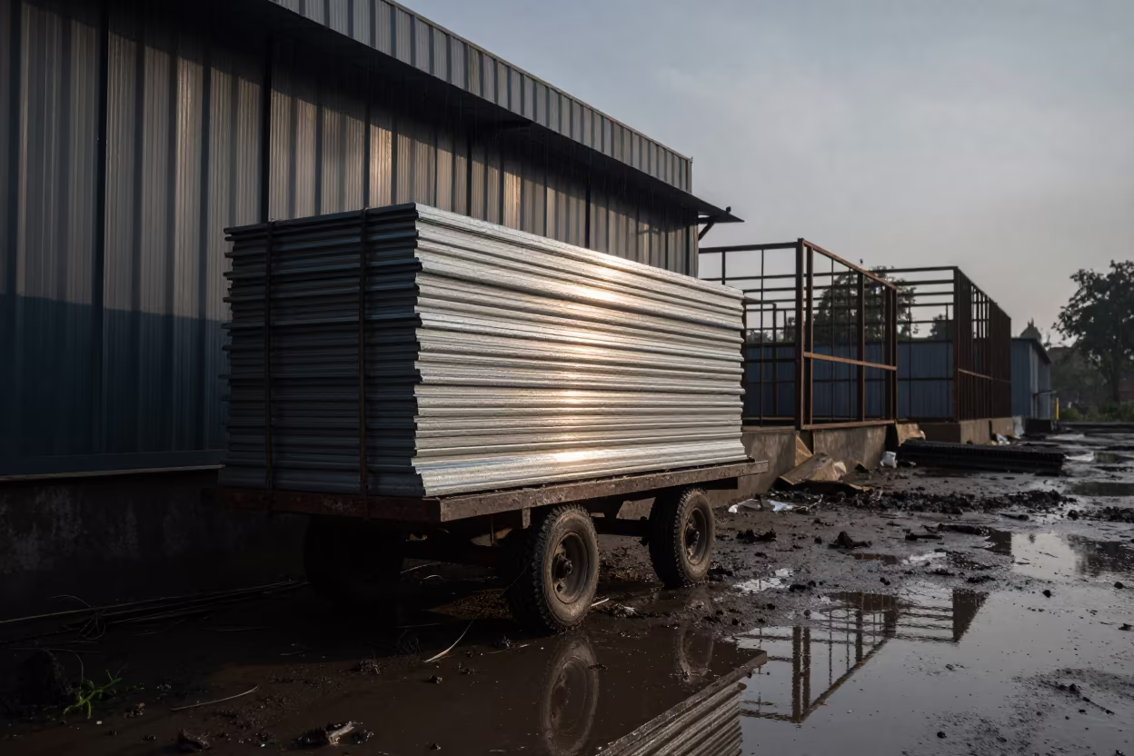 Sheet Goods Cart in Rain Near Muzaffarpur in beside a framed building shell near Muzaffarpur