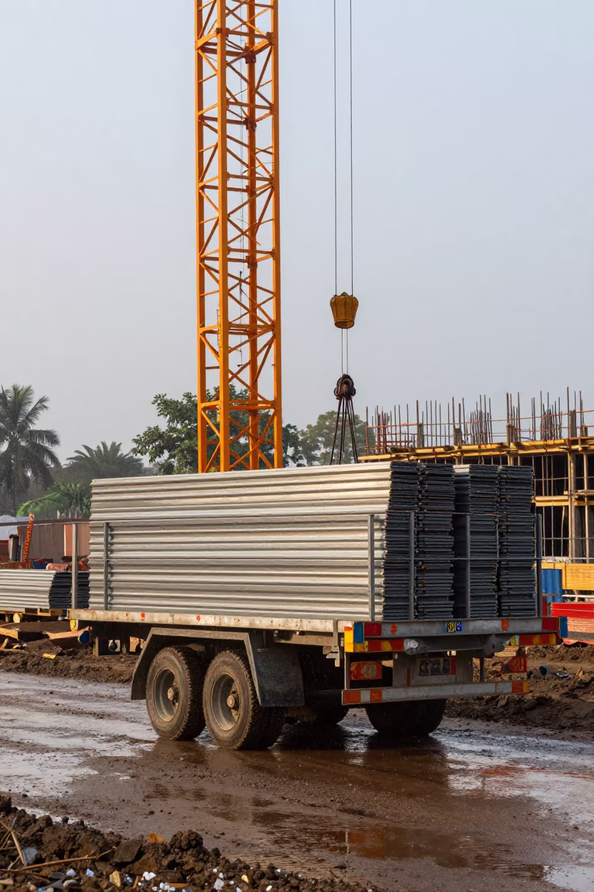 Sheet Goods Cart Under Tower Crane in beneath a tower crane on open ground near Barishal