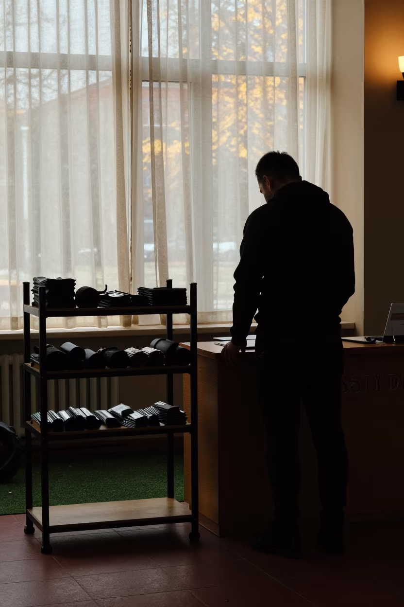 Shelf Silhouette at Gym Check-in Desk Pyongyang in at a gym check-in desk in Pyongyang