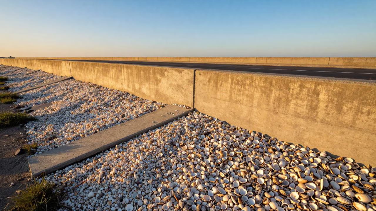 Shell-lined Flood Barrier Seam at Sunset Overpass in across a windy overpass interchange in Portugal