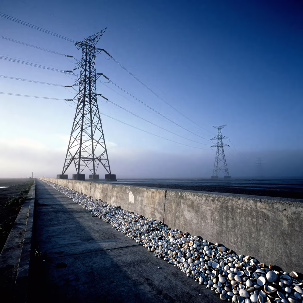Shell-lined Flood Barrier Under Dawn Sky in beneath transmission towers in Comoros