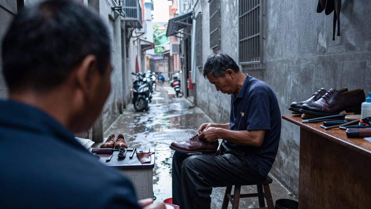 Shenzhen Cobbler Repairs Shoes at Dawn in in the old quarter in Shenzhen