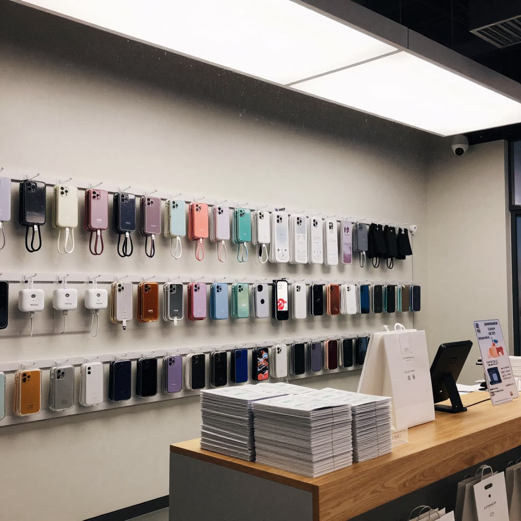 Shenzhen Phone Accessories Wall Under Overcast Light in at a cash wrap counter with bags stacked nearby in Shenzhen