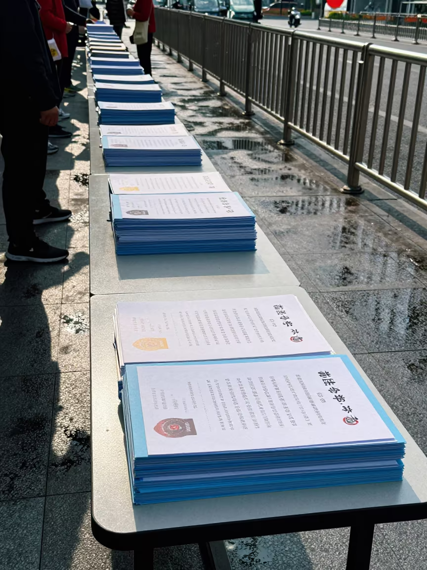 Shenzhen Polling Table With Stacked Binders in in a public square in Shenzhen
