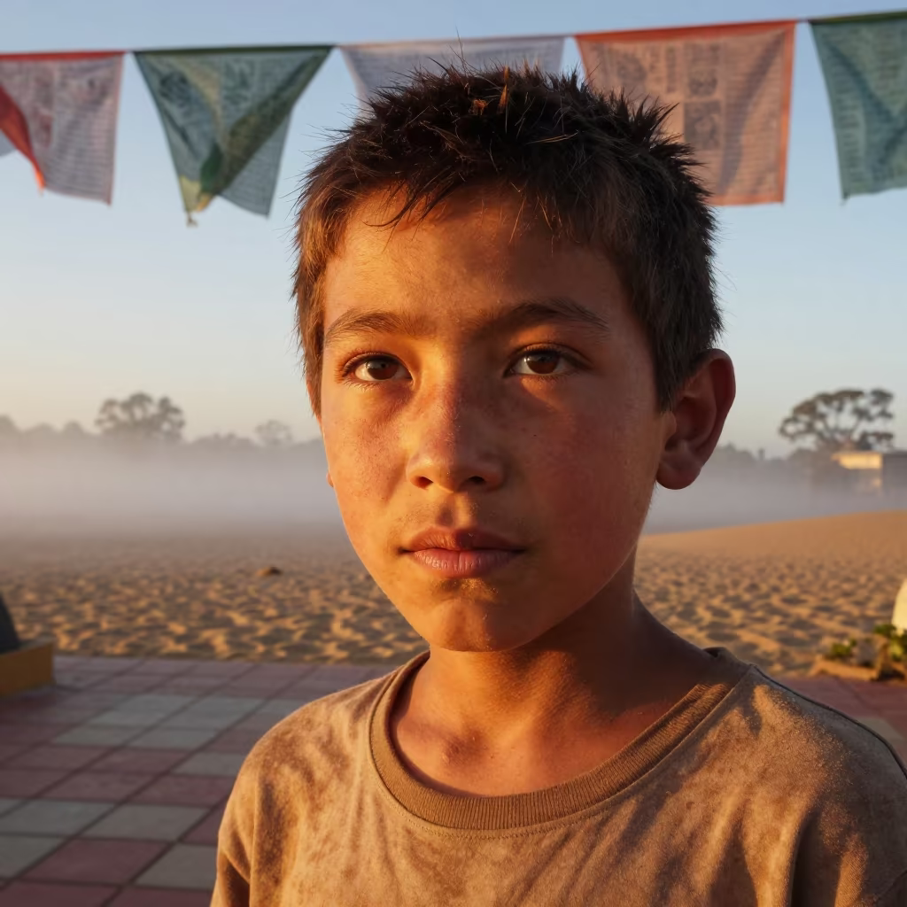Shepherd Boy Dusty Eyelashes Prayer Flags in beneath a line of prayer flags near Melbourne