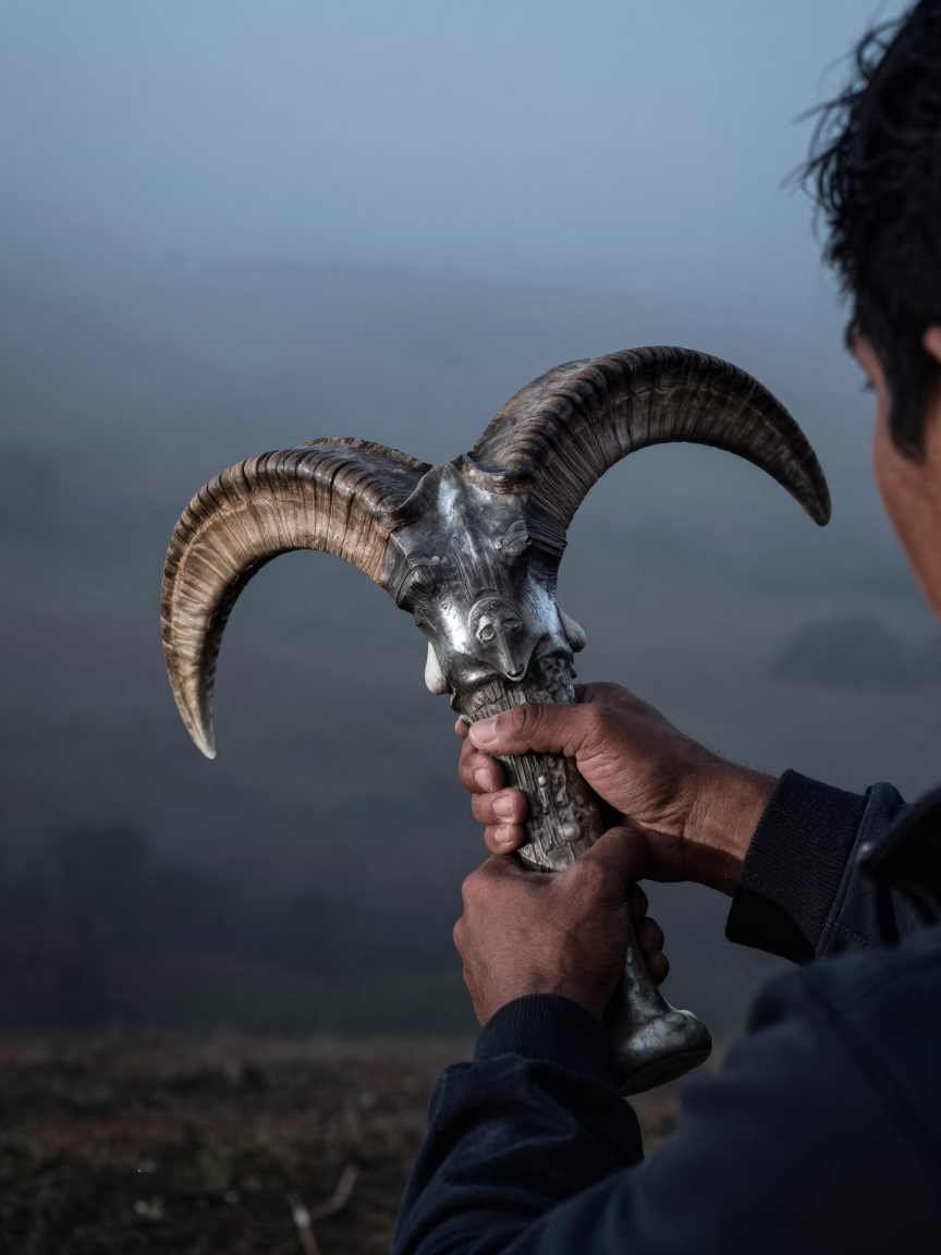 Shepherd Carving Horn Handle Night Hillside in on a hillside near Santa Teresa del Tuy