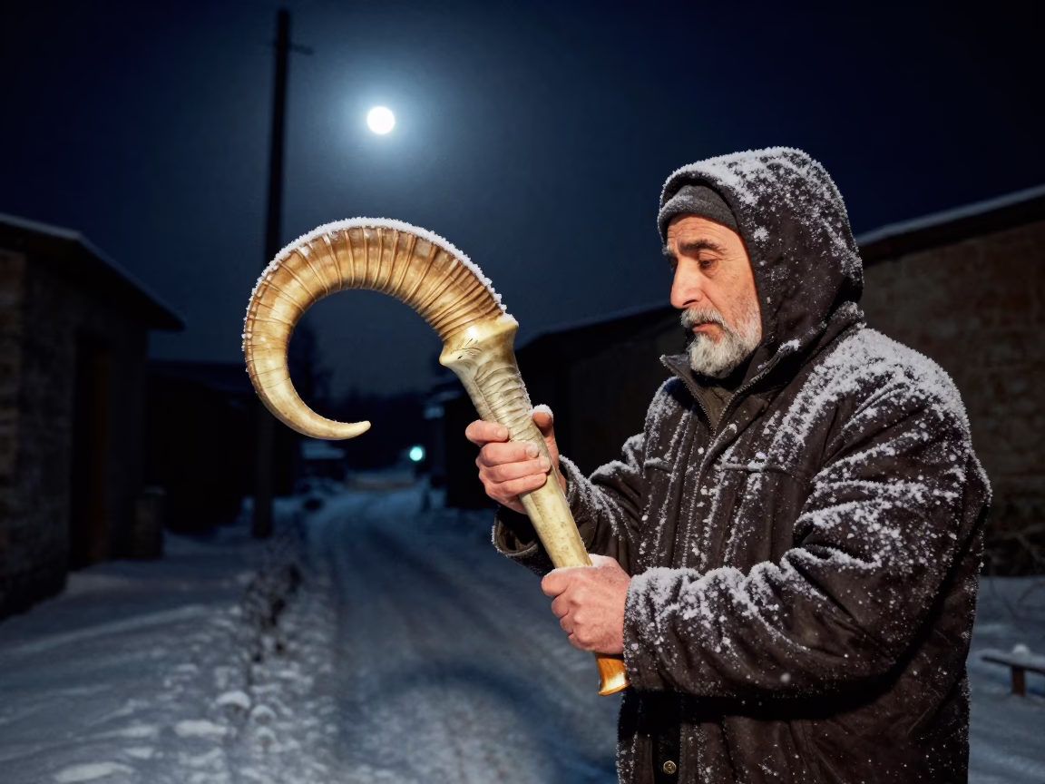 Shepherd Carving Ram Horn Crook in Moonlit Night in in a village lane near Gaziantep