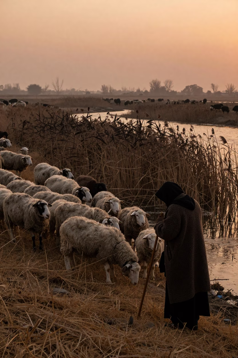 Shepherd Counting Sheep by Riverbank at Sunset in by a riverbank near El Mahalla El Kubra