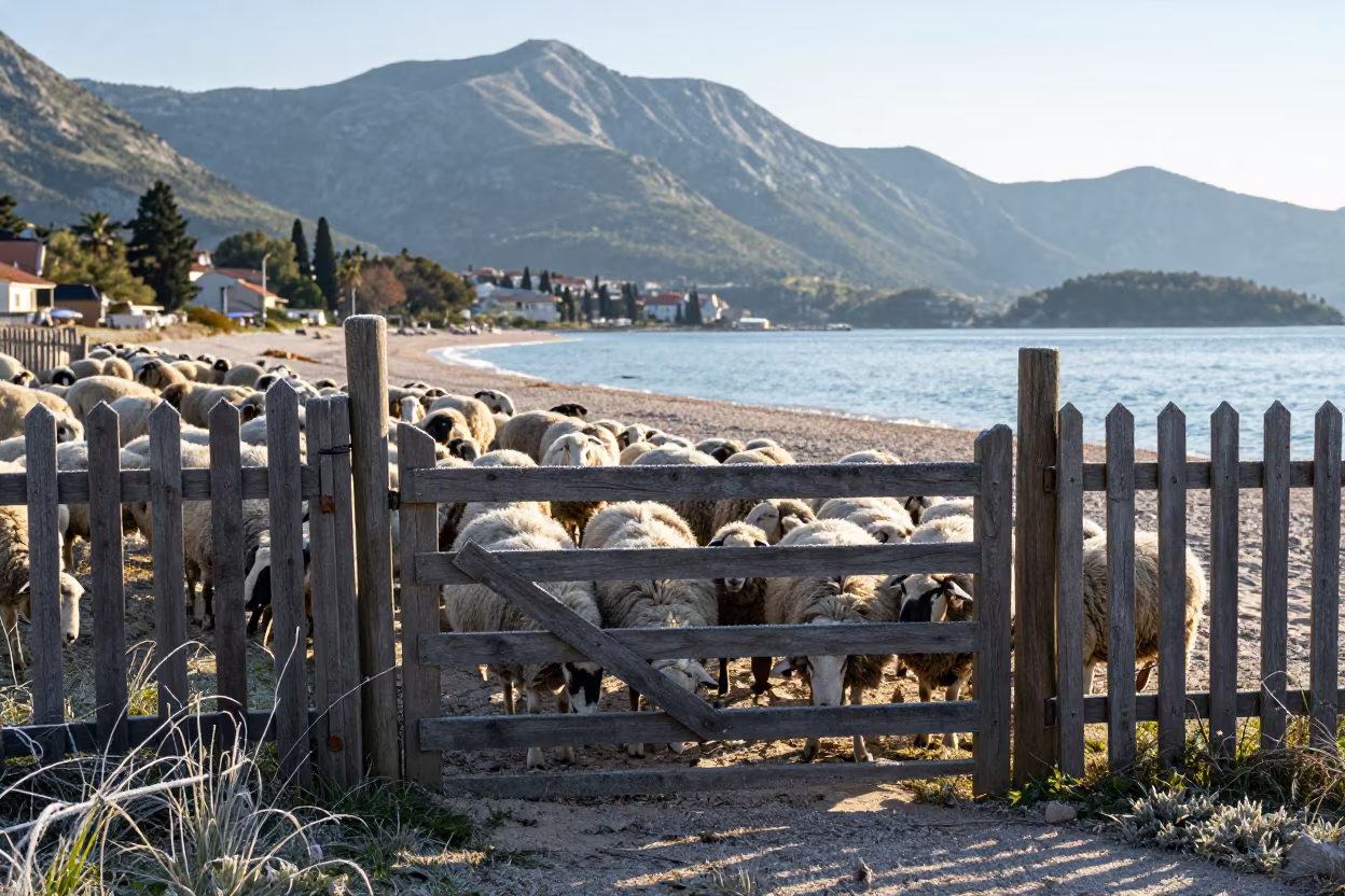 Shepherd counts sheep through gate near Budva beach in along a beach near Budva