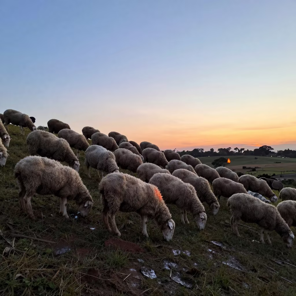 Shepherd Counts Sheep on Khartoum Hillside at Sunset in on a hillside near Khartoum