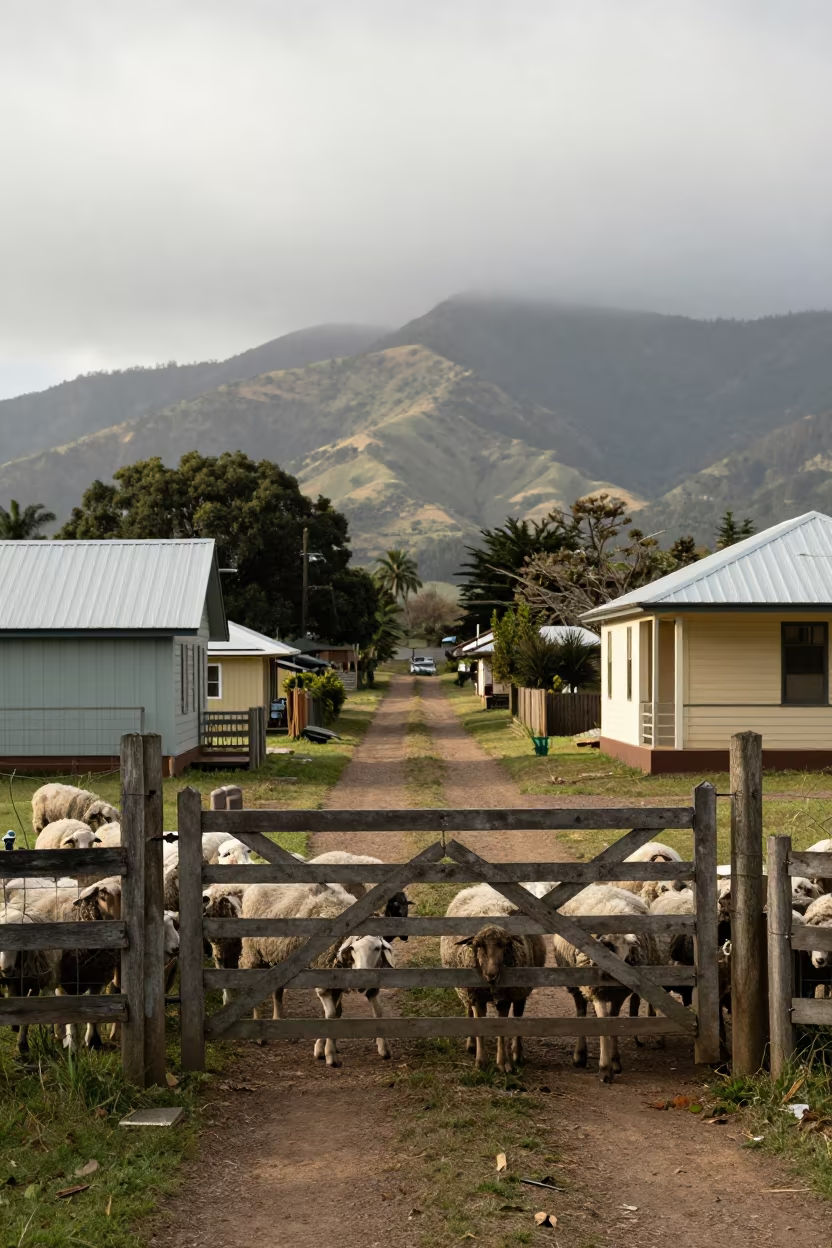 Shepherd Counts Sheep Through Village Gate in in a village lane near Gold Coast