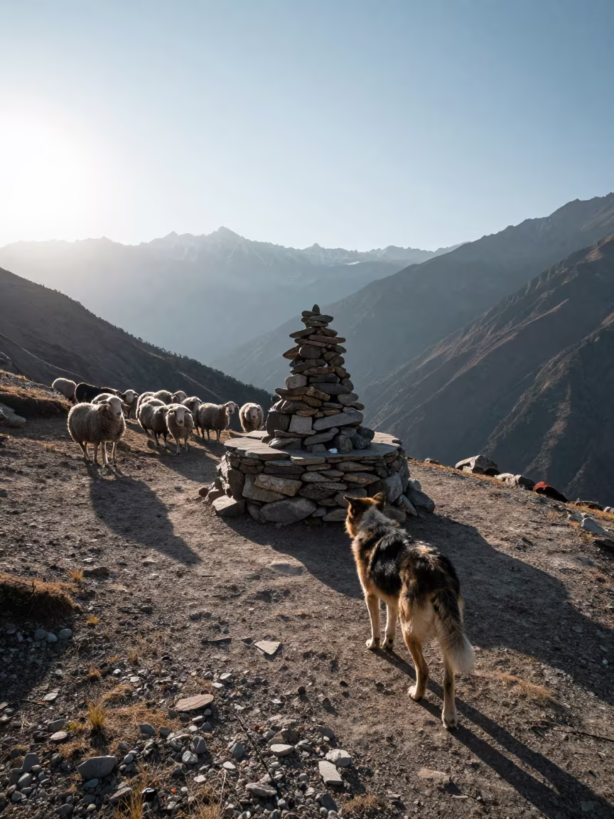 Shepherd Dog Guides Sheep Near Kathmandu Summit Cairn in beside a summit cairn above the tree line near Kathmandu