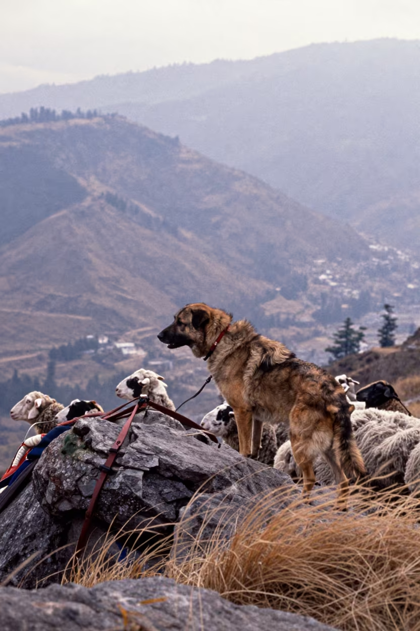 Shepherd Dog Guides Sheep Over Rocky Pass in at a rocky saddle overlooking a mountain valley near Shimla