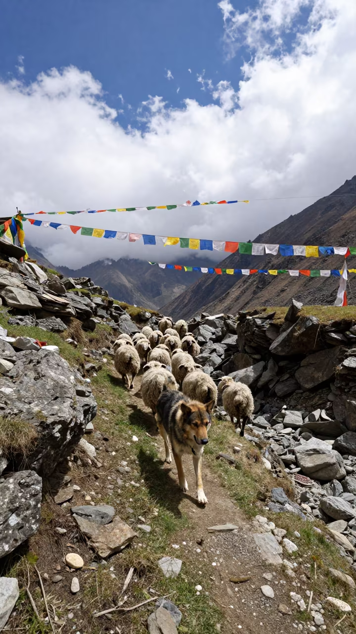 Shepherd Dog Guides Sheep Through Mountain Pass in along a high mountain pass beneath prayer flags near Kathmandu