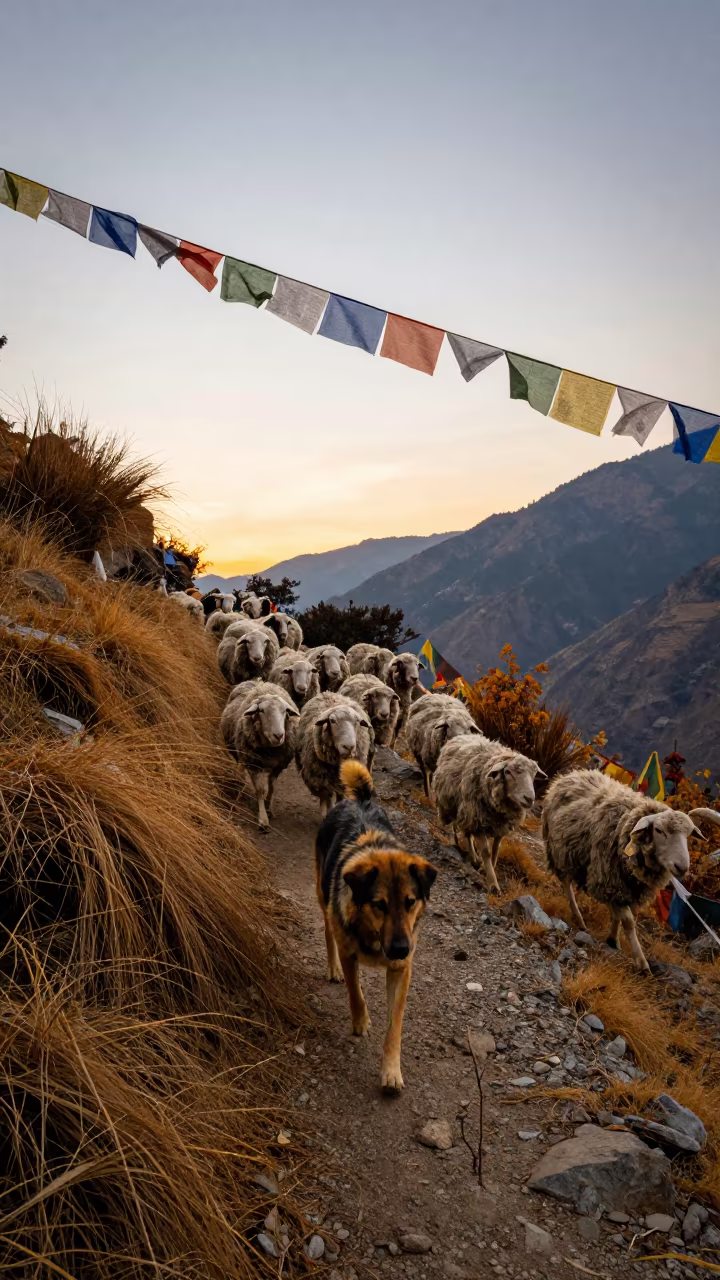 Shepherd Dog Guiding Sheep in Mountain Pass in along a high mountain pass beneath prayer flags near Kathmandu
