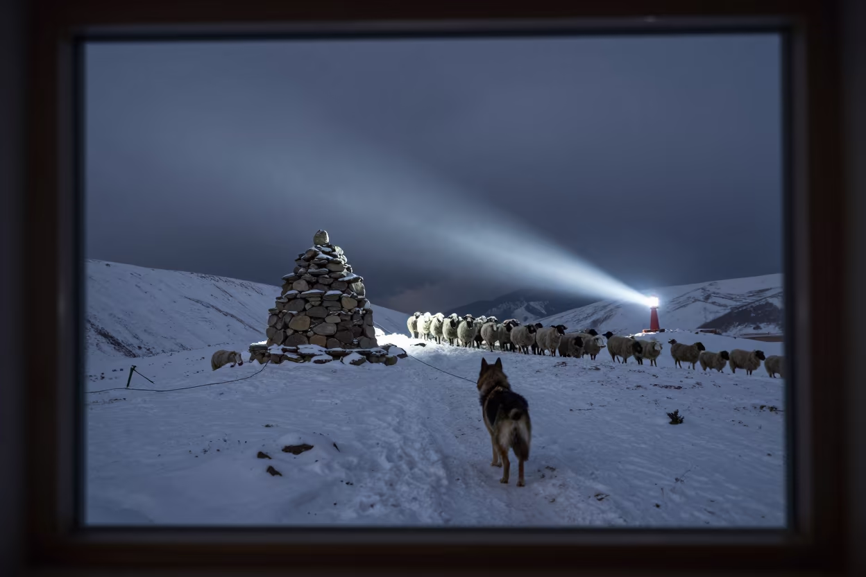 Shepherd Dog Night Window Mountain Pass Lhasa in beside a summit cairn above the tree line near Lhasa