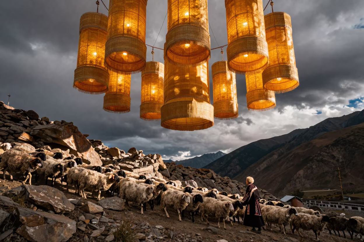 Shepherd and Flock Under Giant Floating Lanterns in at a rocky saddle overlooking a mountain valley near Lhasa