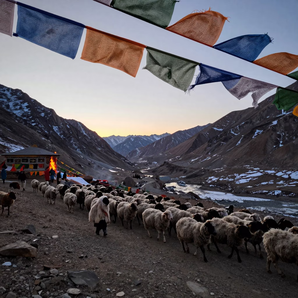 Shepherd and Flock in High Mountain Pass in along a high mountain pass beneath prayer flags near Leh