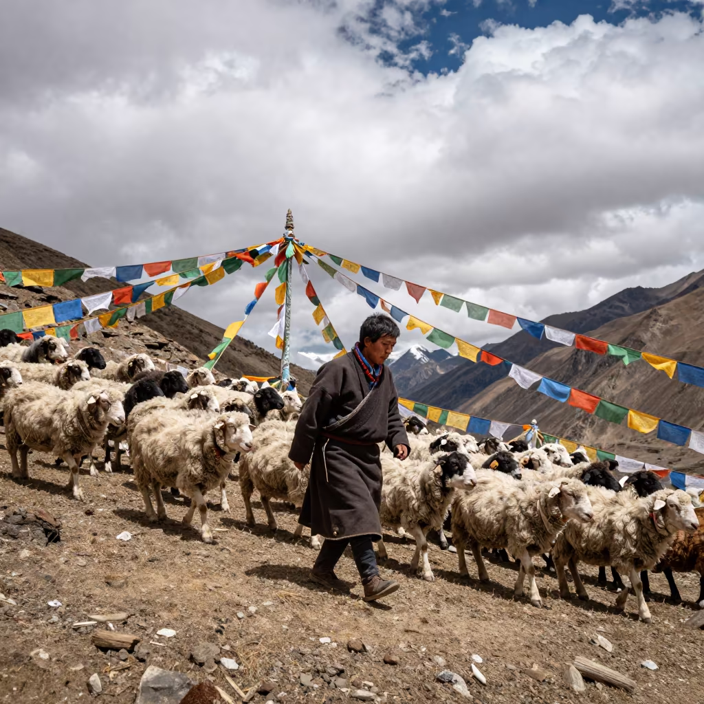 Shepherd and Flock Under Prayer Flags at Thimphu Pass in along a high mountain pass beneath prayer flags near Thimphu