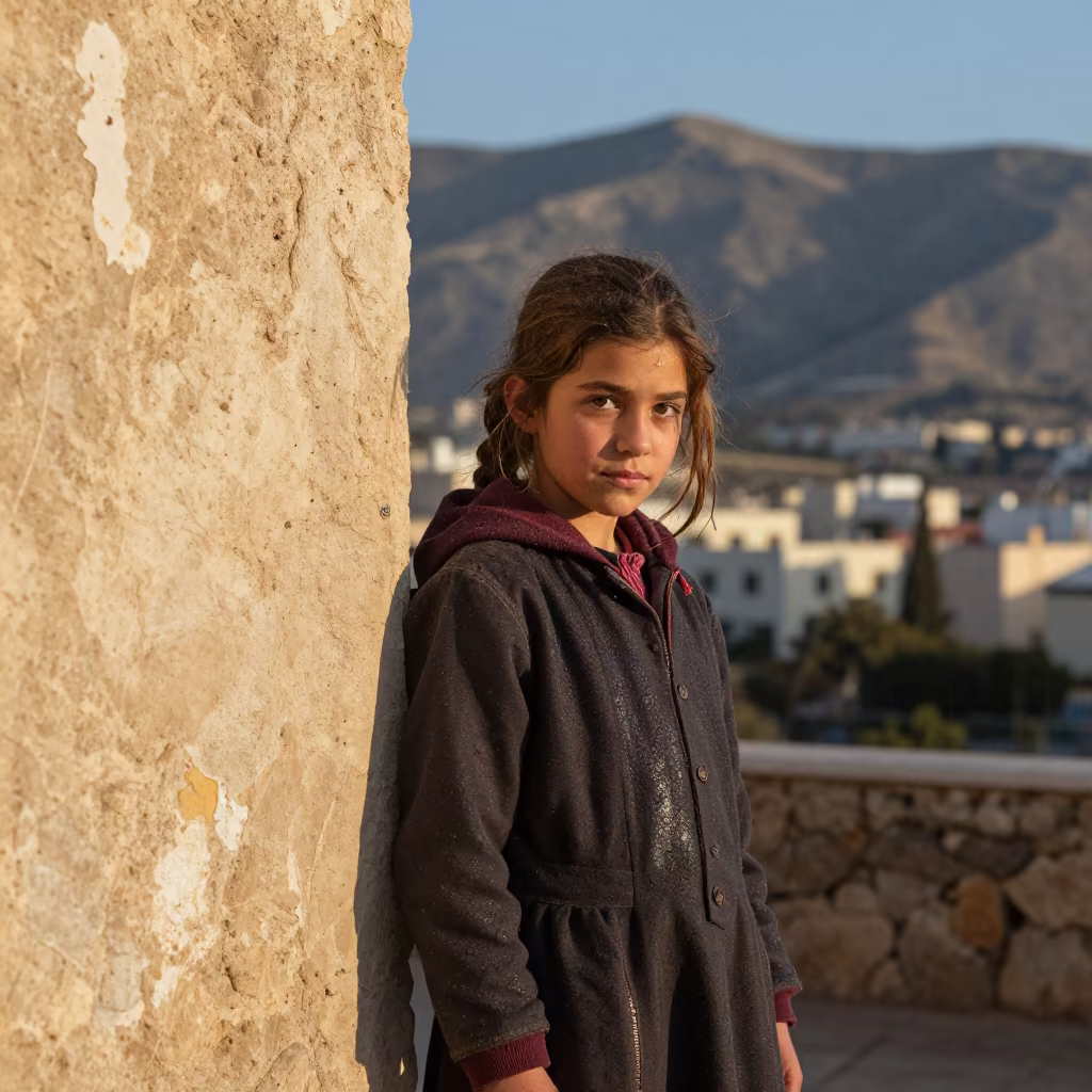 Shepherd Girl Against Plaster Wall in Florentin Drizzle in against a sun-bleached plaster wall near Florentin, Tel Aviv
