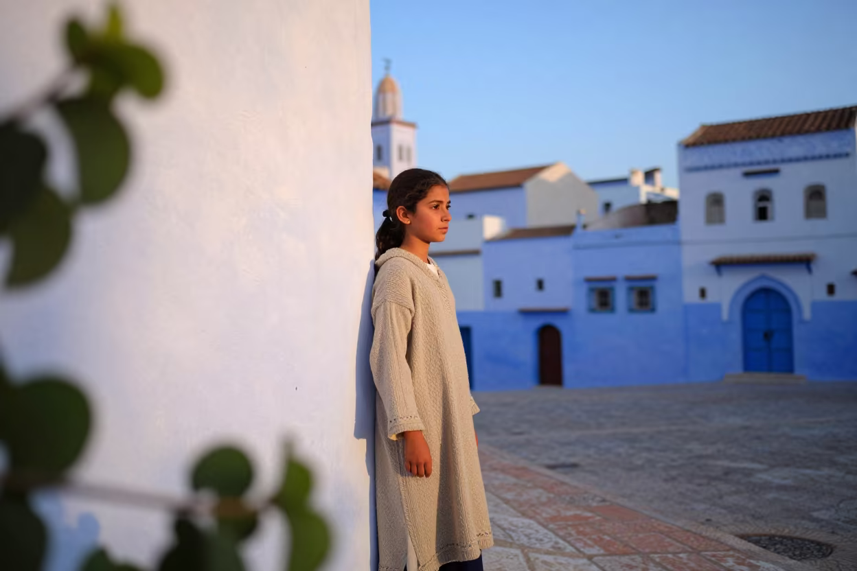 Shepherd Girl at Dawn in Chefchaouen Village in at the edge of a village square near Chefchaouen