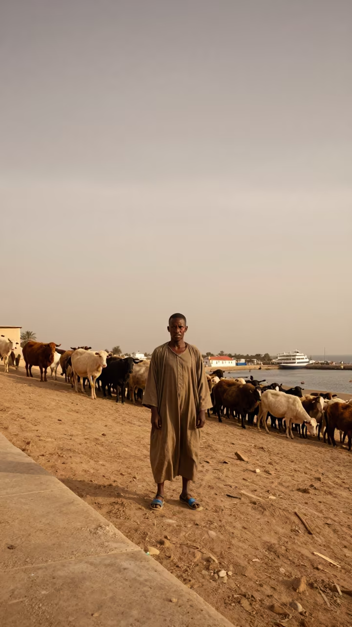Shepherd Guiding Flock Along Kassala Quay in at a harbor quay near Kassala
