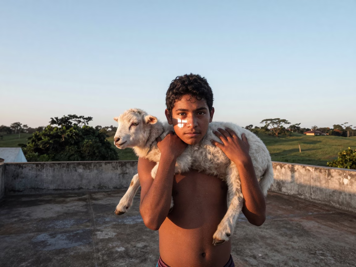 Young Shepherd Carrying Lamb on Brasilia Rooftop in along a windswept rooftop near Brasilia