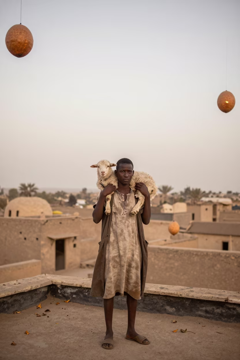 Shepherd Lamb Dawn Rooftop Giant Fruit Sky in along a windswept rooftop near Séguéla