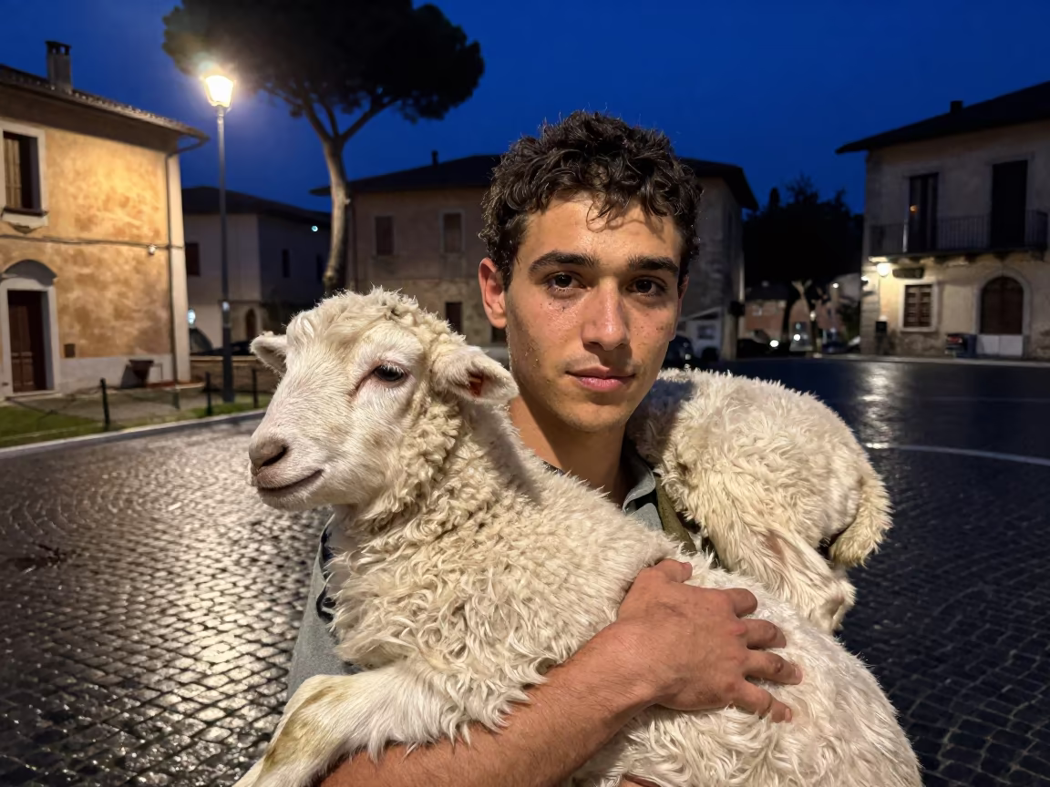 Shepherd and Lamb Under Midnight Streetlight in at the edge of a village square near Rome