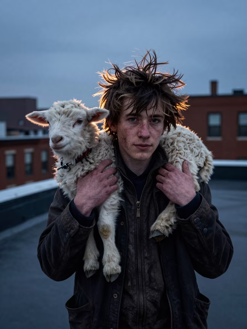 Shepherd and Lamb in Winter Twilight Shadow in along a windswept rooftop near Madison