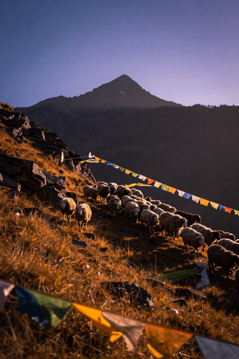 Shepherd Leading Flock Through Autumn Mountain Pass in on a wind-cut ridge below prayer flag lines near Shimla