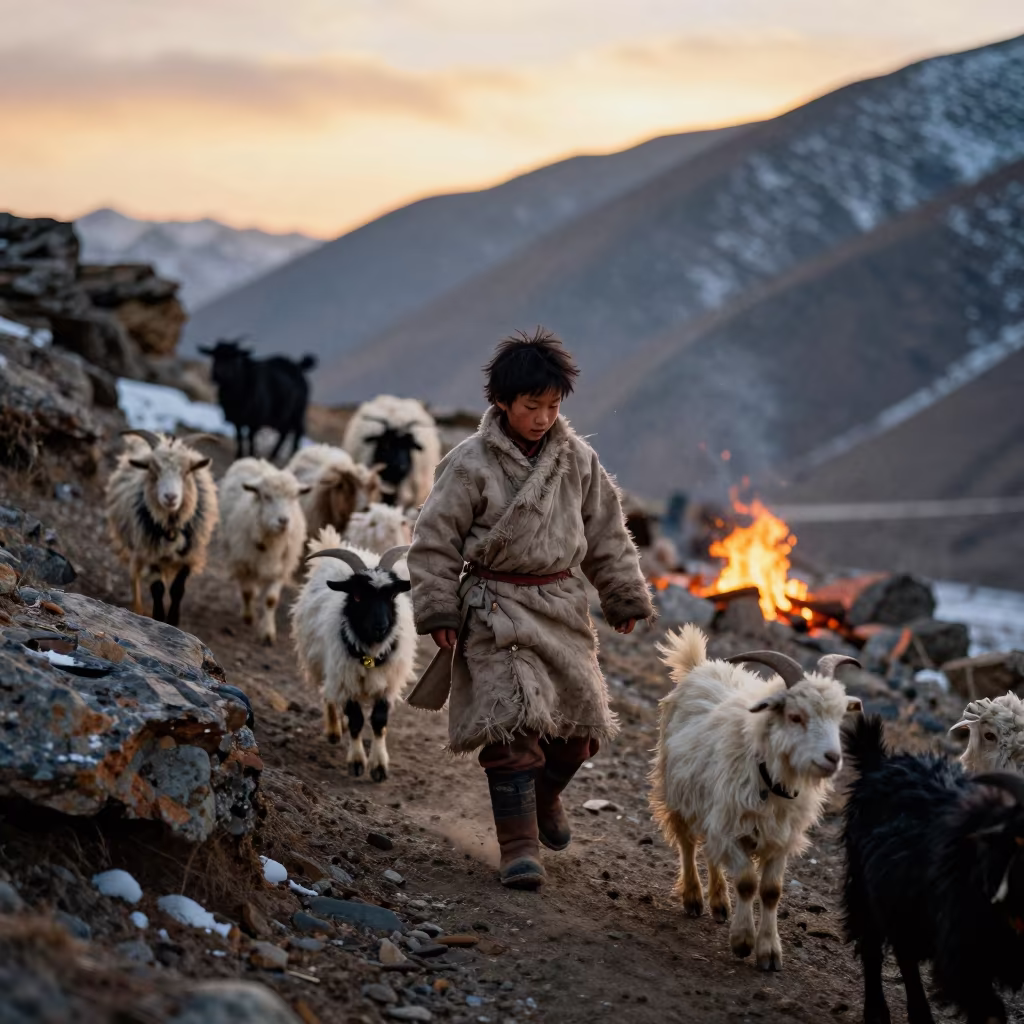 Shepherd Leading Goats Through Lhasa Mountain Pass in at a rocky saddle overlooking a mountain valley near Lhasa