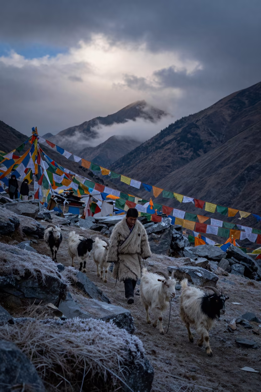 Shepherd Leading Goats Through Thimphu Pass in along a high mountain pass beneath prayer flags near Thimphu