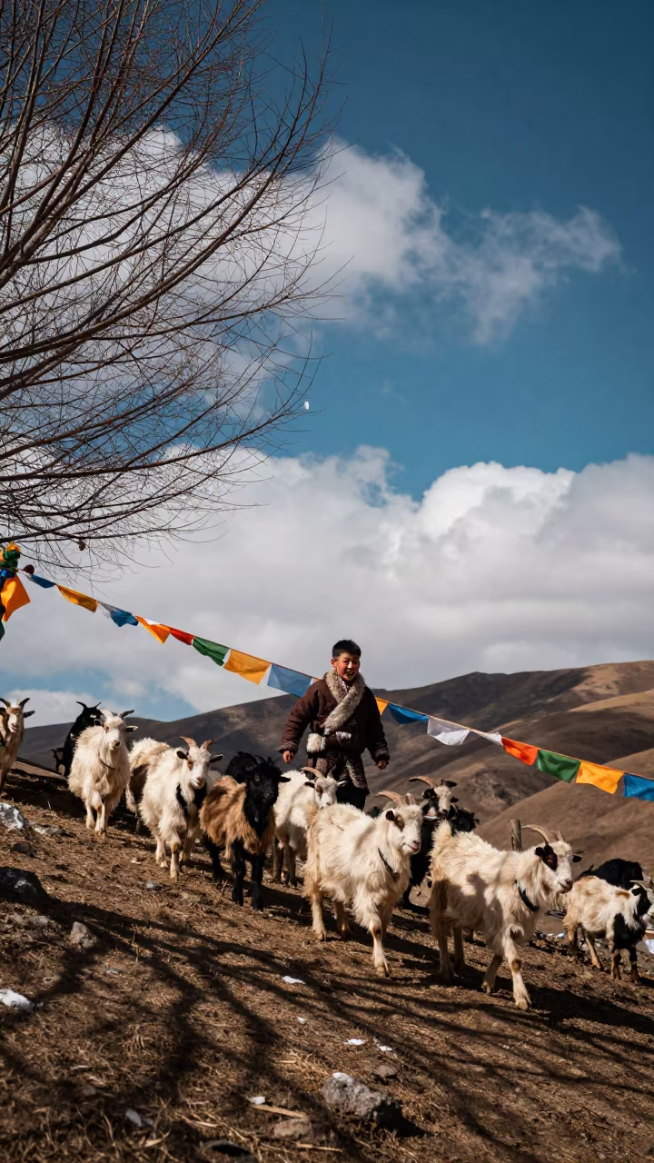 Shepherd Leading Goats Through Winter Mountain Pass in on a wind-cut ridge below prayer flag lines near Lhasa