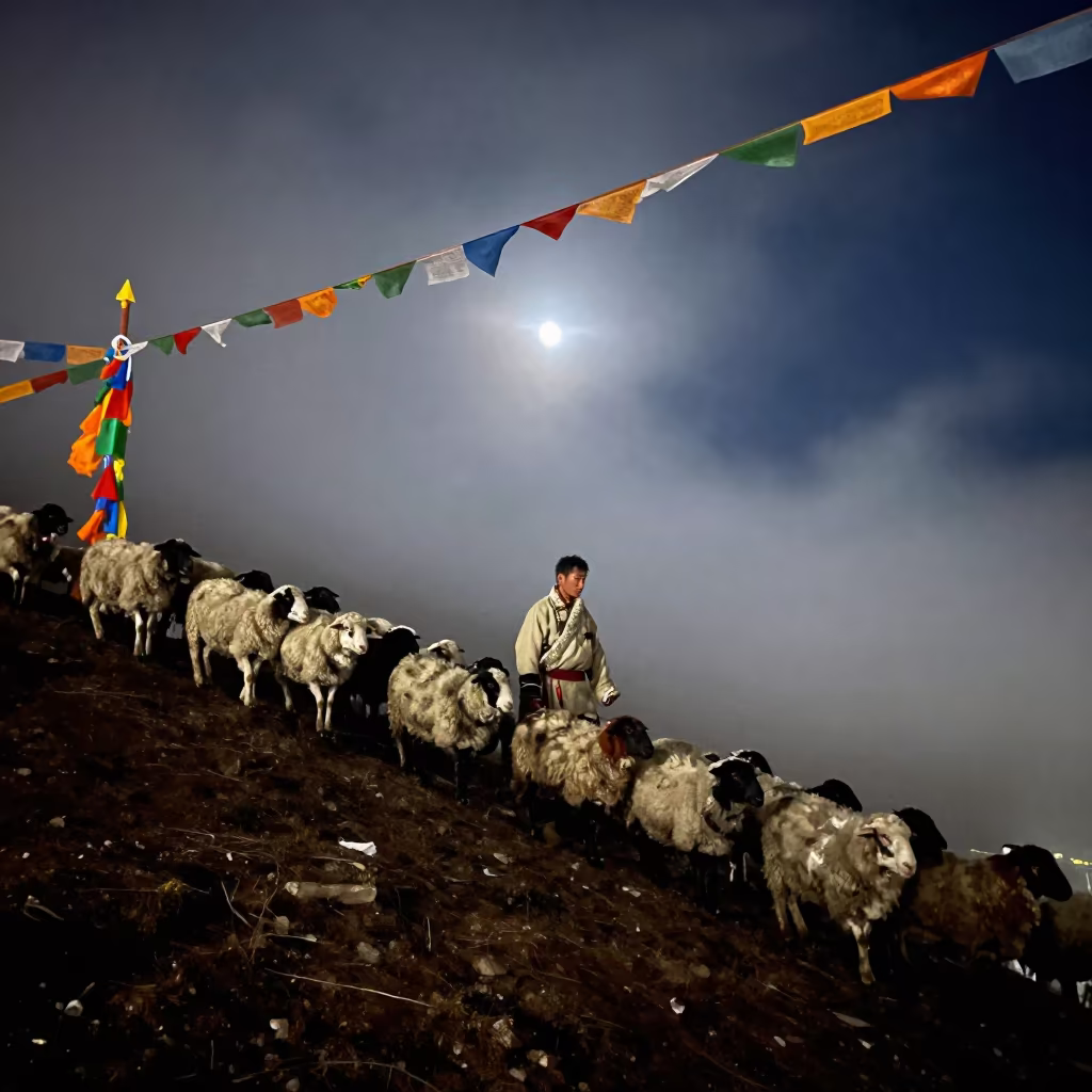 Shepherd Leads Flock Through Night Mist in on a wind-cut ridge below prayer flag lines near Lhasa